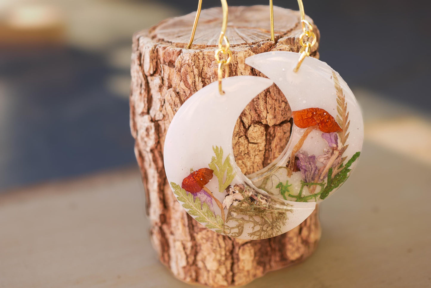 Real Mushroom Woodland Moon Earrings, fairy core mushroom motif