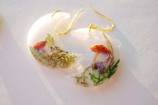 Real Mushroom Woodland Moon Earrings, fairy core mushroom motif