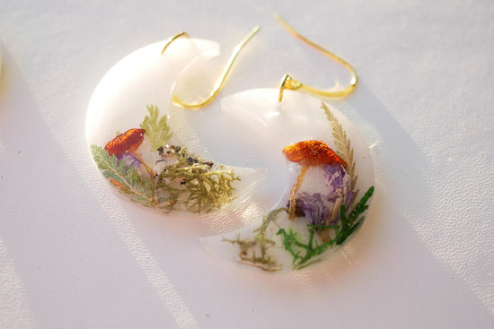Real Mushroom Woodland Moon Earrings, fairy core mushroom motif