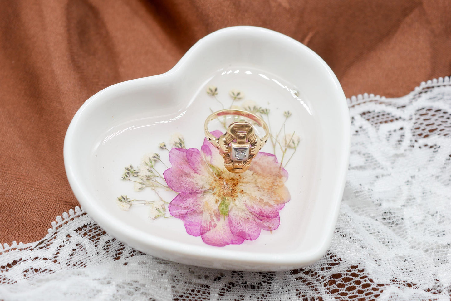 Floral Ceramic Ring Dish, Heart Shape, Pressed Rose (3.75 inch)