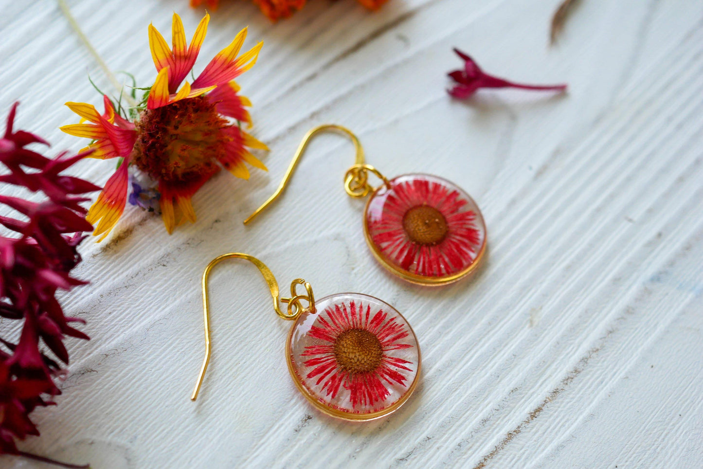 Pressed red daisy earrings, pressed real flower dangles