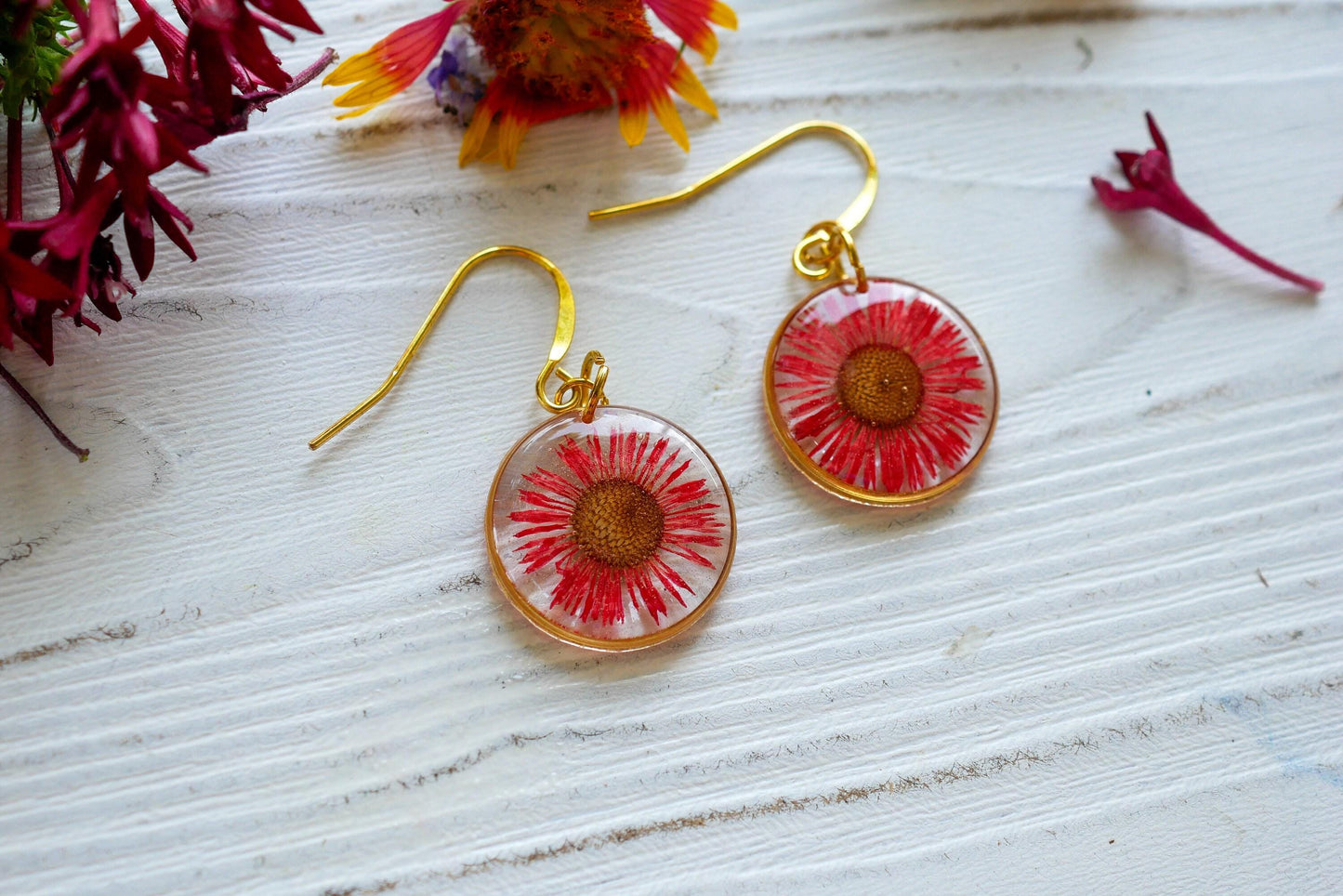 Pressed red daisy earrings, pressed real flower dangles
