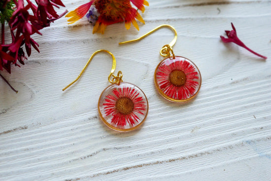 Pressed red daisy earrings, pressed real flower dangles