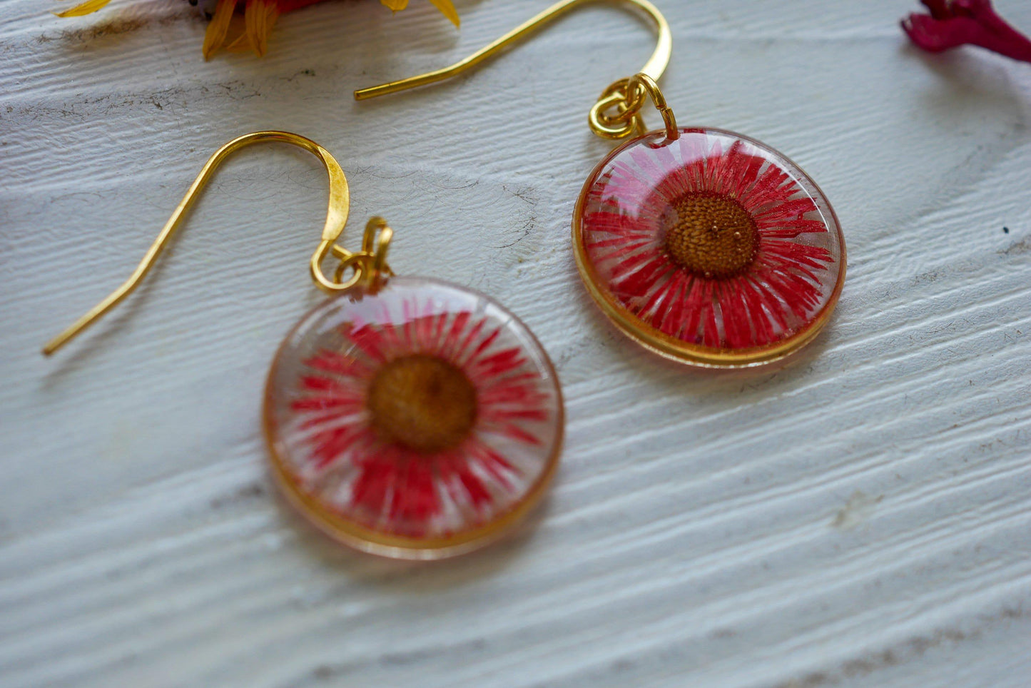 Pressed red daisy earrings, pressed real flower dangles