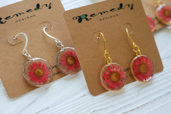 Pressed red daisy earrings, pressed real flower dangles
