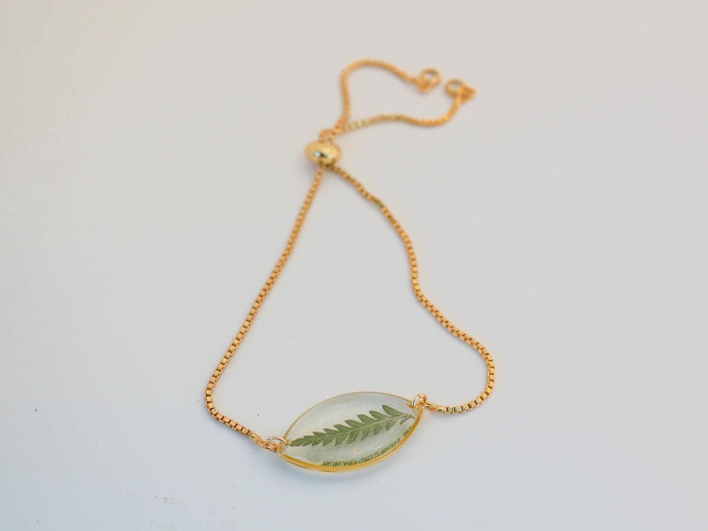 Dainty pressed fern bracelet, real fern jewelry, adjustable fern leaf bracelet, plant lover bracelet