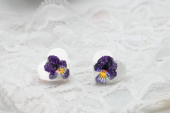 Tiny Pansy Heart Stud Earrings – February Birth Flower Jewelry, dainty floral earrings