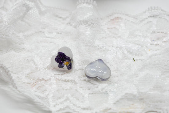 Tiny Pansy Heart Stud Earrings – February Birth Flower Jewelry, dainty floral earrings