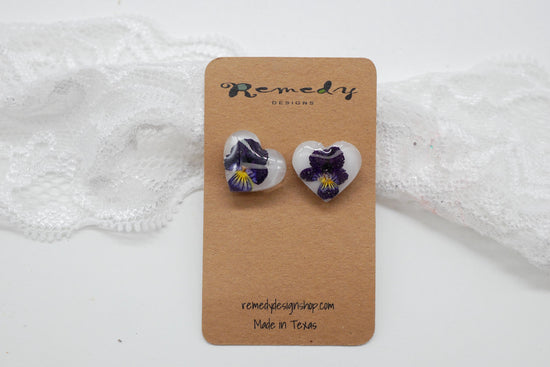Tiny Pansy Heart Stud Earrings – February Birth Flower Jewelry, dainty floral earrings