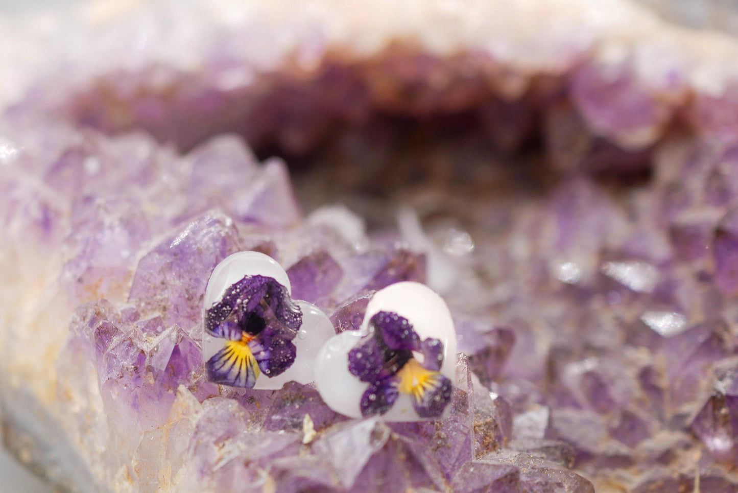 Tiny Pansy Heart Stud Earrings – February Birth Flower Jewelry, dainty floral earrings