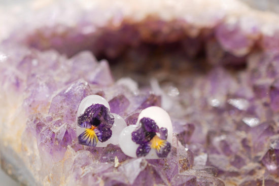 Tiny Pansy Heart Stud Earrings – February Birth Flower Jewelry, dainty floral earrings