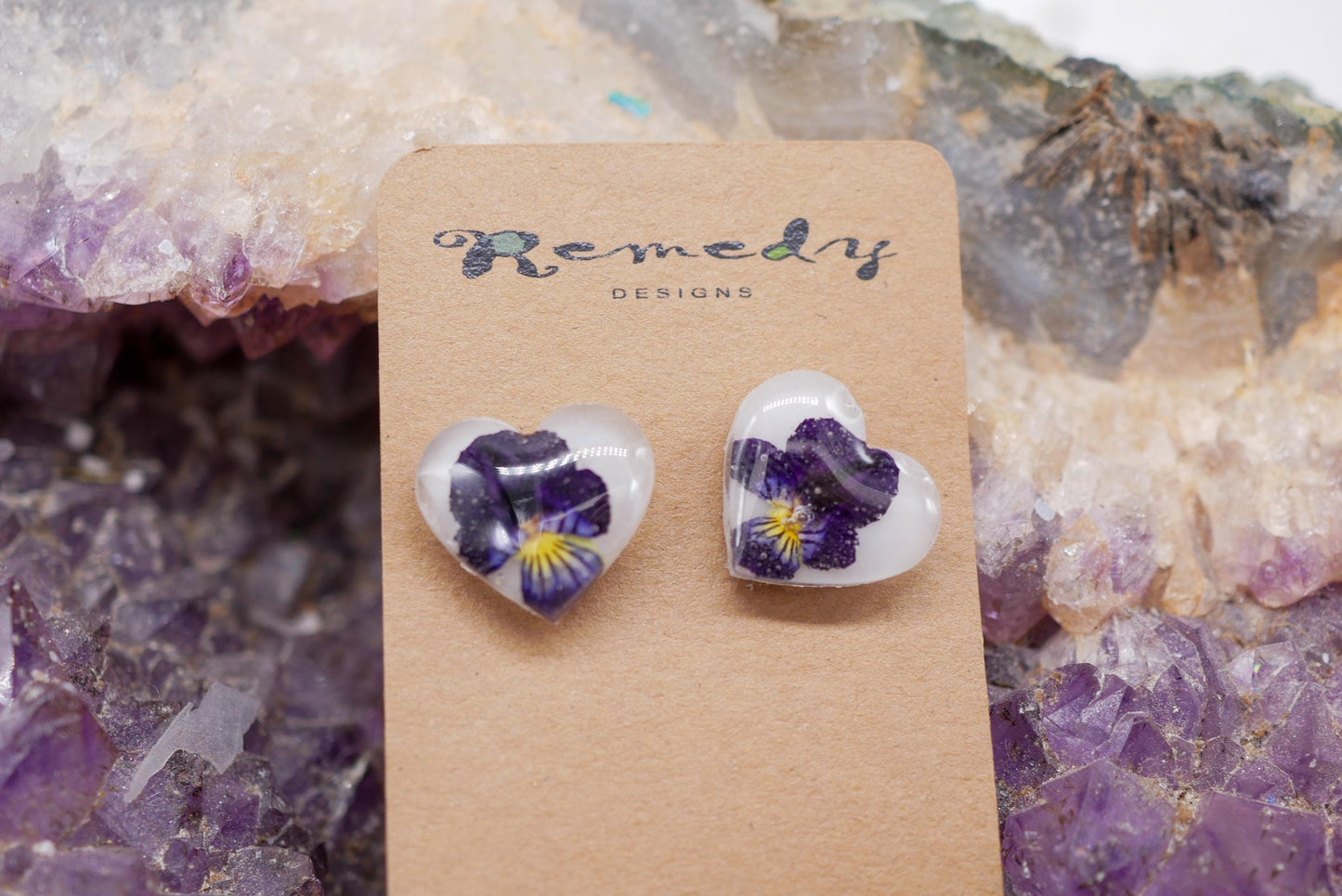 Tiny Pansy Heart Stud Earrings – February Birth Flower Jewelry, dainty floral earrings