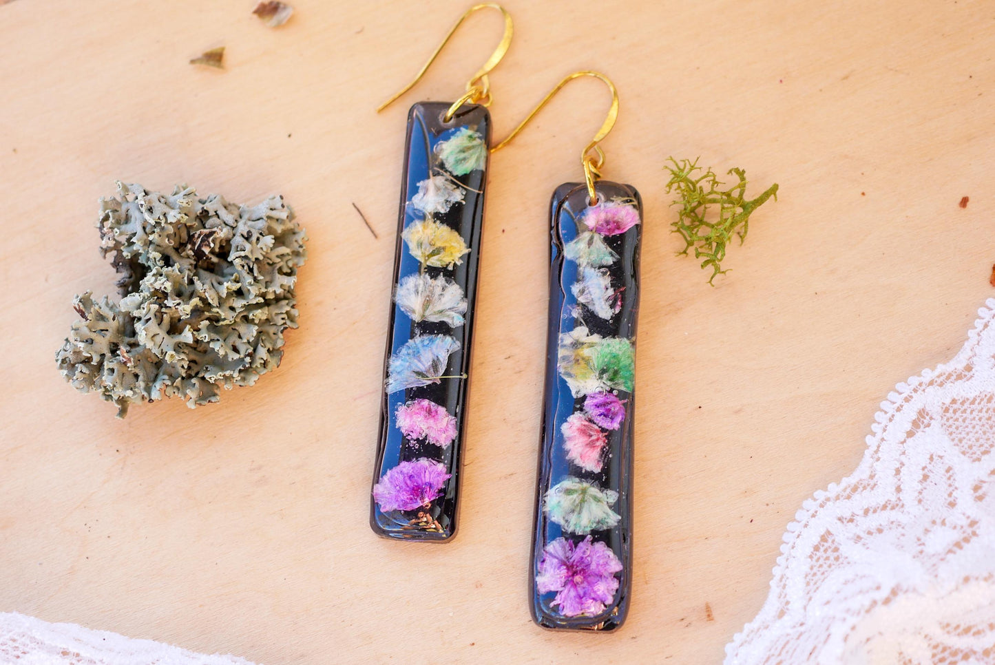 Statement pressed flower rainbow black vertical bar earrings