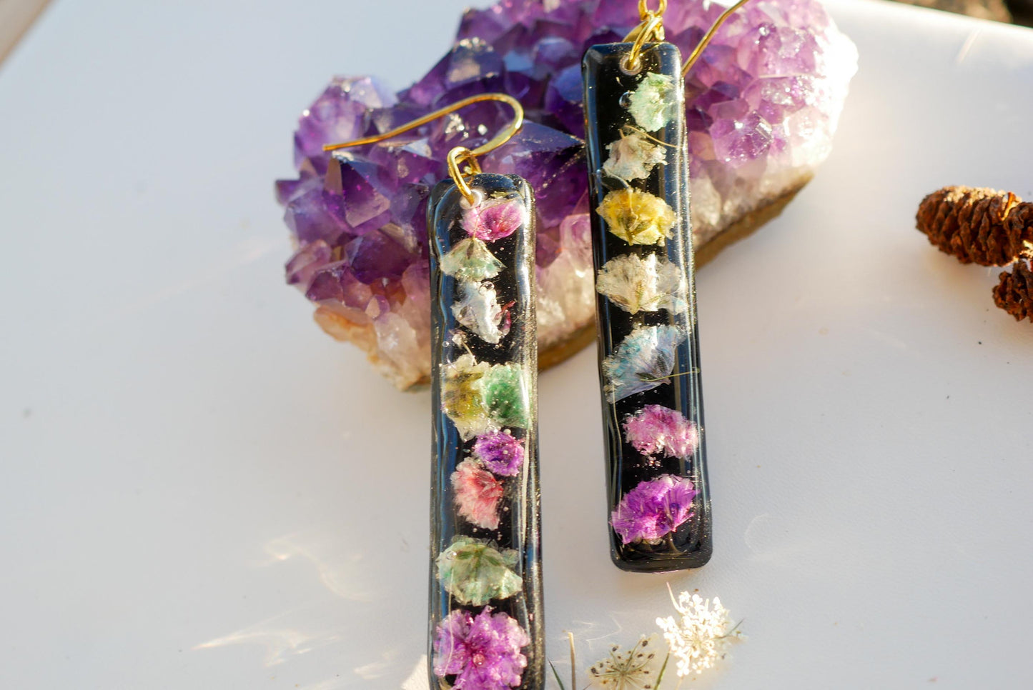 Statement pressed flower rainbow black vertical bar earrings