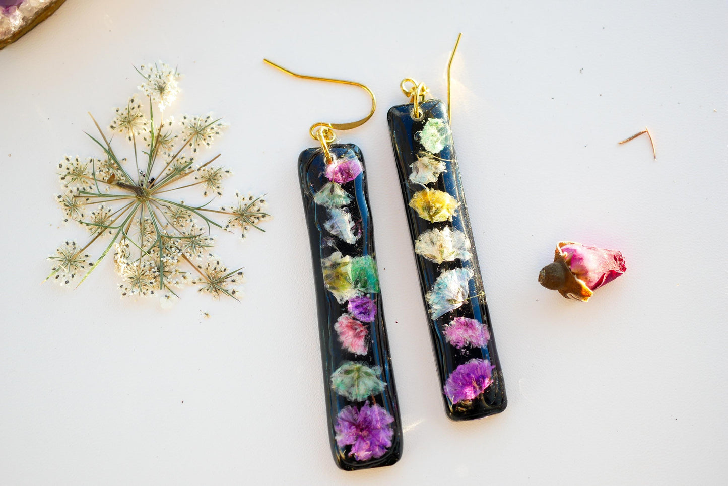 Statement pressed flower rainbow black vertical bar earrings