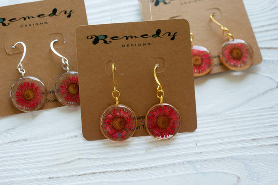 Pressed red daisy earrings, pressed real flower dangles
