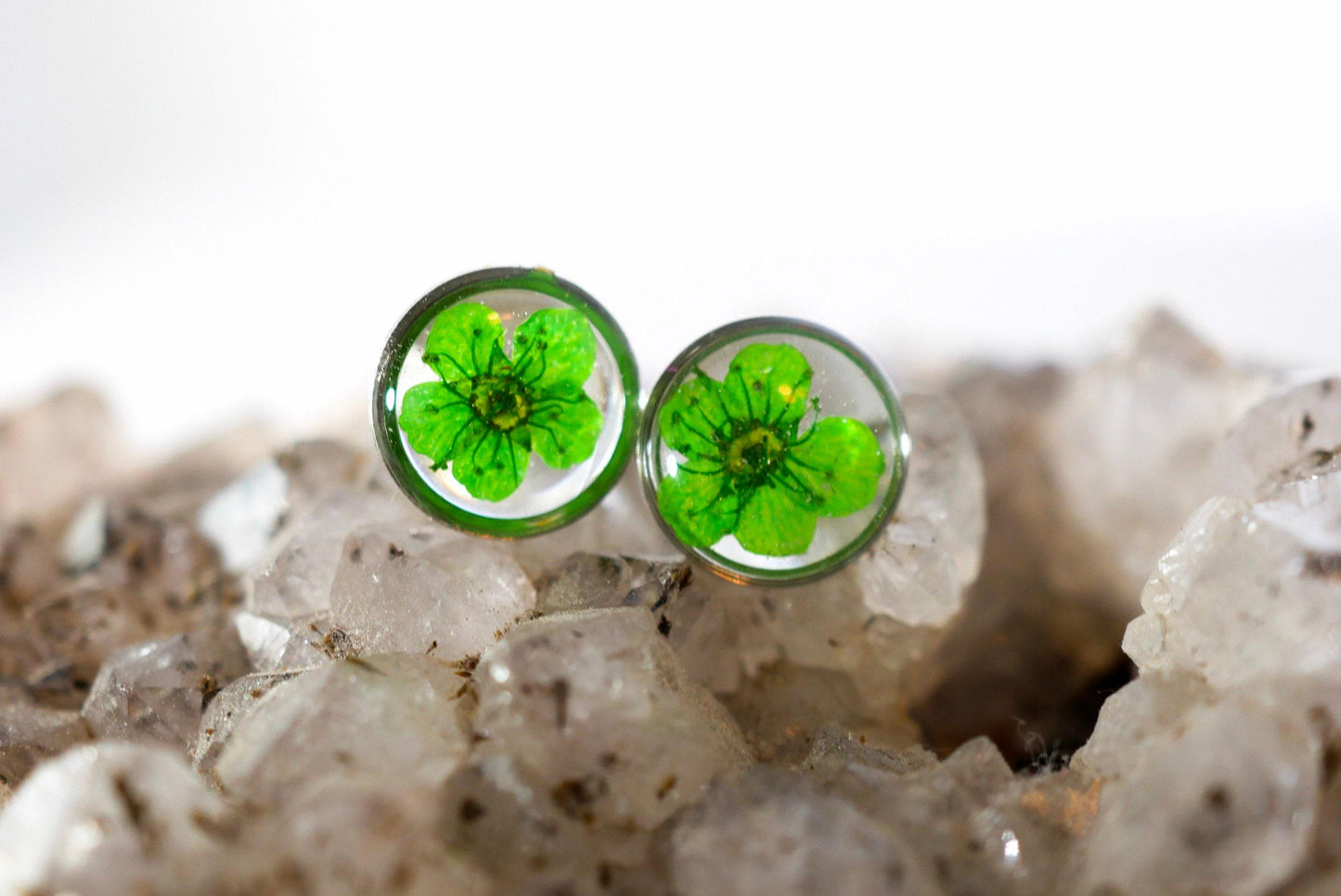 Real Flower Stud Earrings: Pressed Green Blooms - Resin Encased