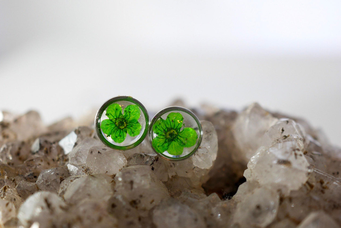Real Flower Stud Earrings: Pressed Green Blooms - Resin Encased
