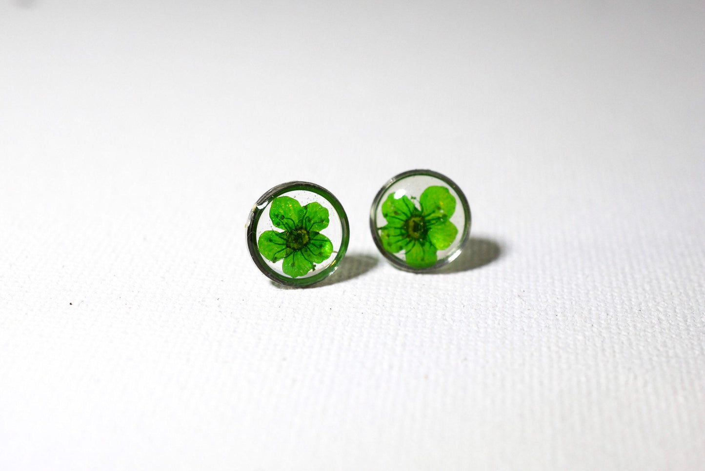 Real Flower Stud Earrings: Pressed Green Blooms - Resin Encased