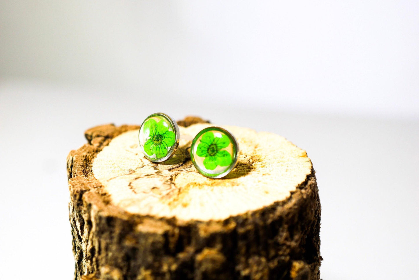 Real Flower Stud Earrings: Pressed Green Blooms - Resin Encased