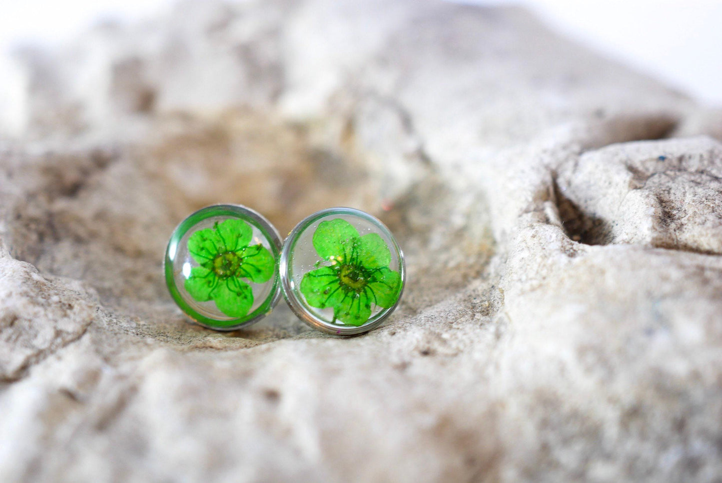Real Flower Stud Earrings: Pressed Green Blooms - Resin Encased