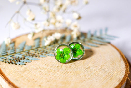 Green flower earrings, real flower stud earrings, pressed flower jewelry, bridal terrarium earrings