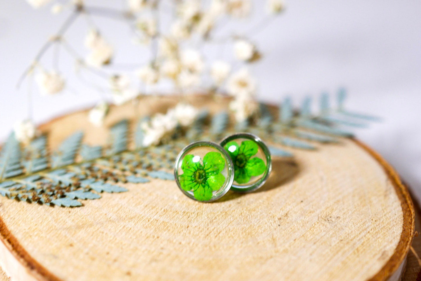 Real Flower Stud Earrings: Pressed Green Blooms - Resin Encased