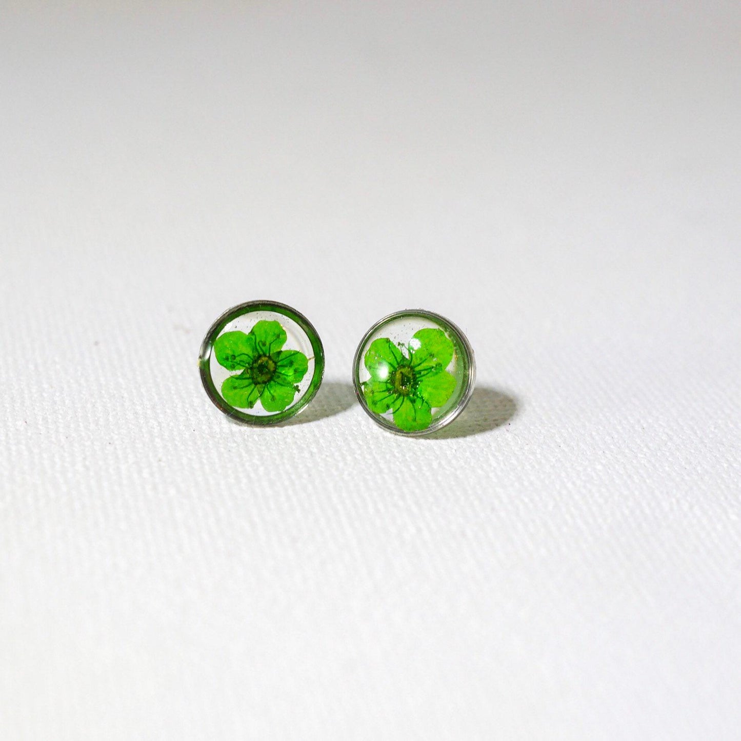 Real Flower Stud Earrings: Pressed Green Blooms - Resin Encased
