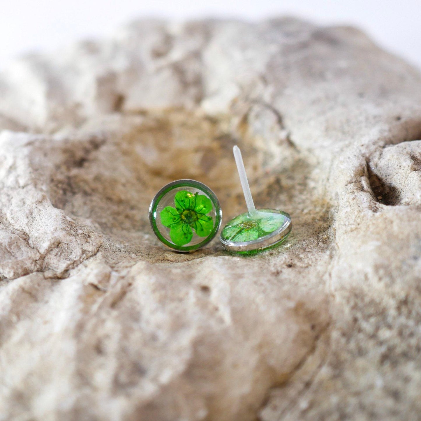 Real Flower Stud Earrings: Pressed Green Blooms - Resin Encased