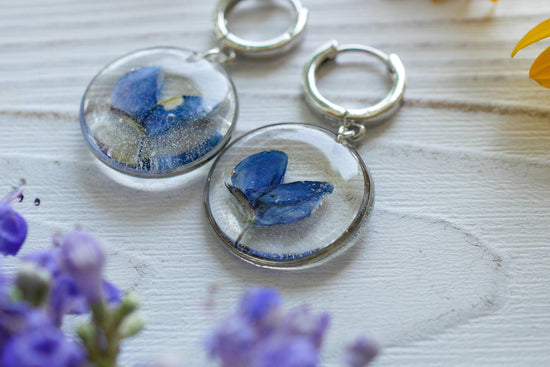 Bluebonnet  earrings, real pressed texas bluebonnet hoop earrings silver or gold