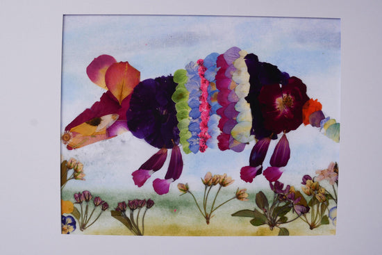 Pressed flower armadillo art, real flower art print, whimsical armadillo art, floral collage