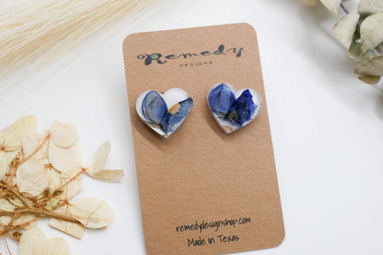 Texas bluebonnet stud earrings, pressed bluebonnet studs, heart shaped studs, real bluebonnet earrings, texas jewelry gift