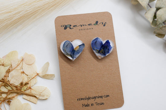Texas bluebonnet stud earrings, pressed bluebonnet studs, heart shaped studs, real bluebonnet earrings, texas jewelry gift