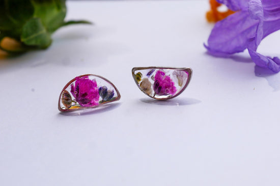 Dainty Pressed Flower Half Moon Earrings – Real Babys Breath, Bright Rainbow Colors