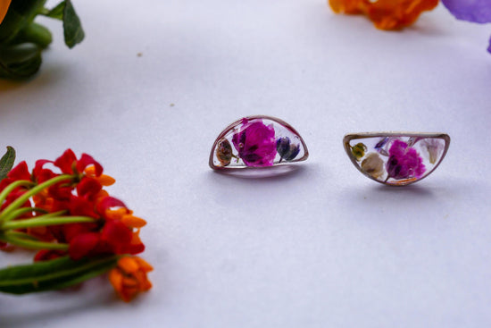 Dainty Pressed Flower Half Moon Earrings – Real Babys Breath, Bright Rainbow Colors
