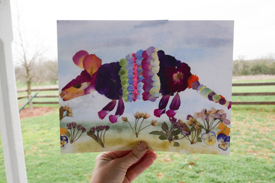 Pressed flower armadillo art, real flower art print, whimsical armadillo art, floral collage
