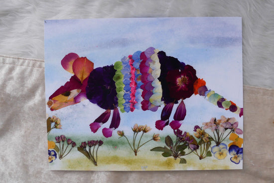 Pressed flower armadillo art, real flower art print, whimsical armadillo art, floral collage