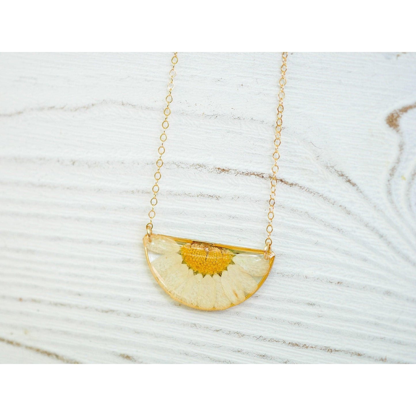 Pressed Daisy Necklace – Real Flower Half Moon Pendant – April Birth Flower Jewelry – Goldfill or Sterling Silver – Garden Daisy Gift