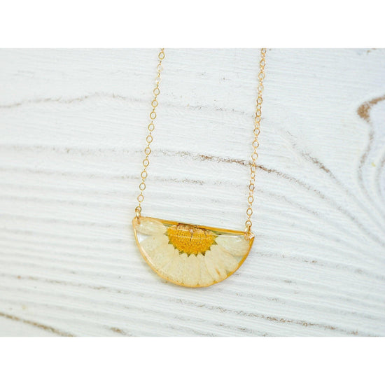 Pressed Daisy Necklace – Real Flower Half Moon Pendant – April Birth Flower Jewelry – Goldfill or Sterling Silver – Garden Daisy Gift