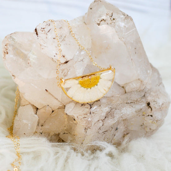 Pressed Daisy Necklace – Real Flower Half Moon Pendant – April Birth Flower Jewelry – Goldfill or Sterling Silver – Garden Daisy Gift
