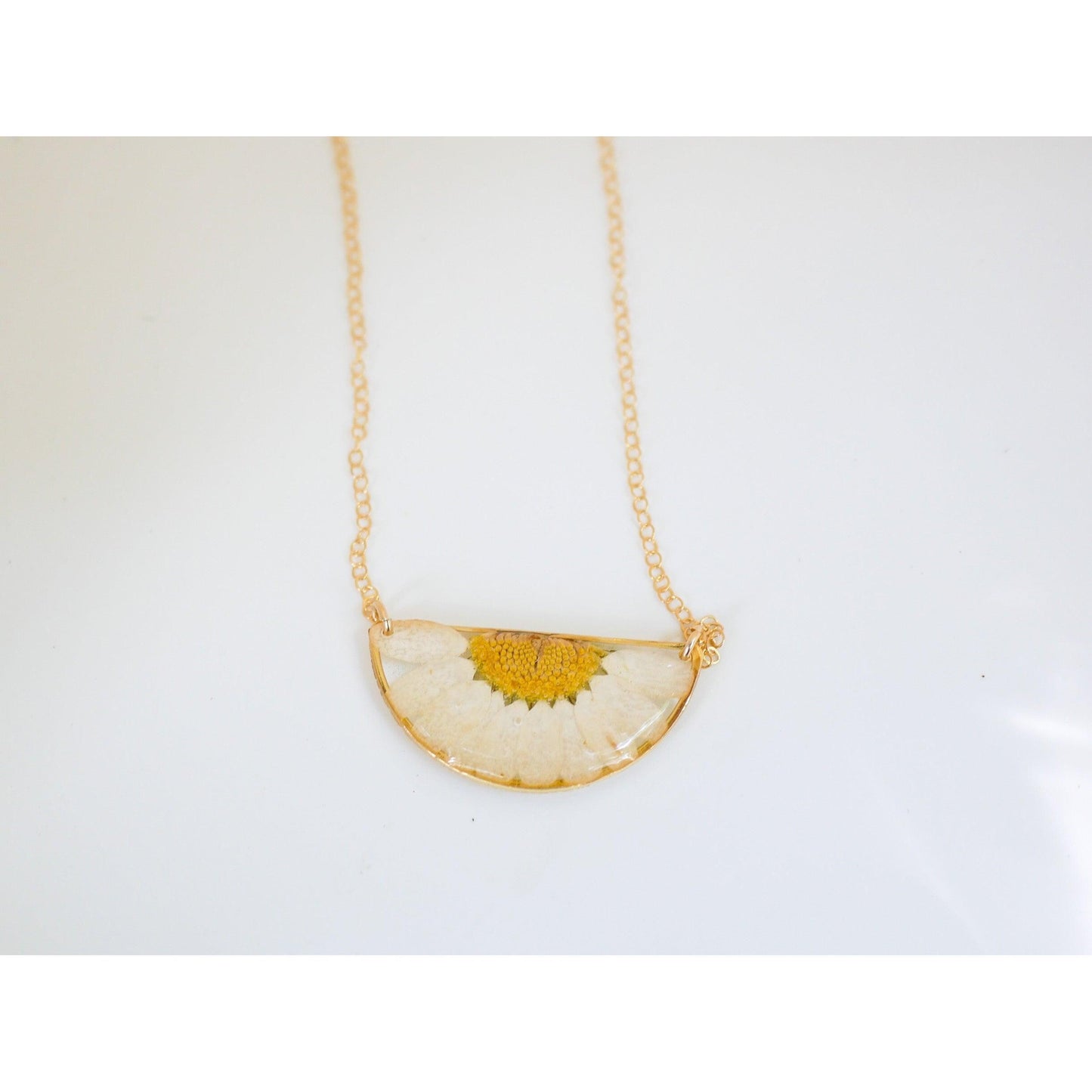 Pressed Daisy Necklace – Real Flower Half Moon Pendant – April Birth Flower Jewelry – Goldfill or Sterling Silver – Garden Daisy Gift