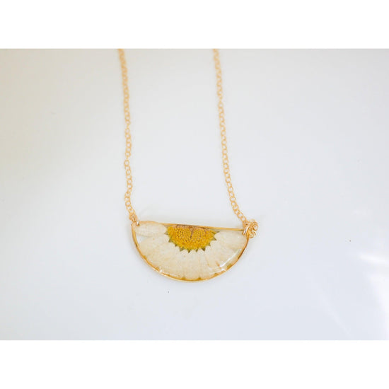 Pressed Daisy Necklace – Real Flower Half Moon Pendant – April Birth Flower Jewelry – Goldfill or Sterling Silver – Garden Daisy Gift
