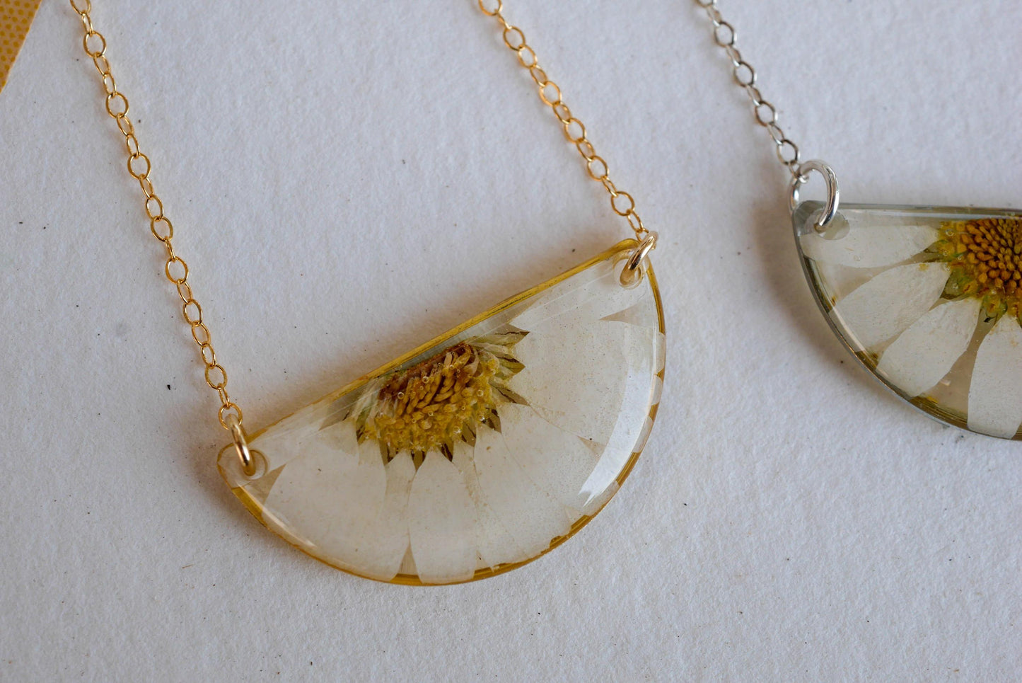 Pressed Daisy Necklace – Real Flower Half Moon Pendant – April Birth Flower Jewelry – Goldfill or Sterling Silver – Garden Daisy Gift