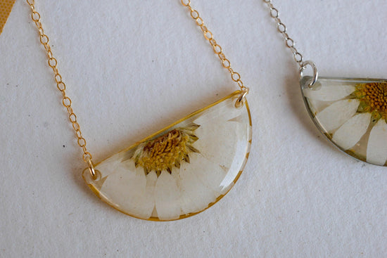 Pressed Daisy Necklace – Real Flower Half Moon Pendant – April Birth Flower Jewelry – Goldfill or Sterling Silver – Garden Daisy Gift