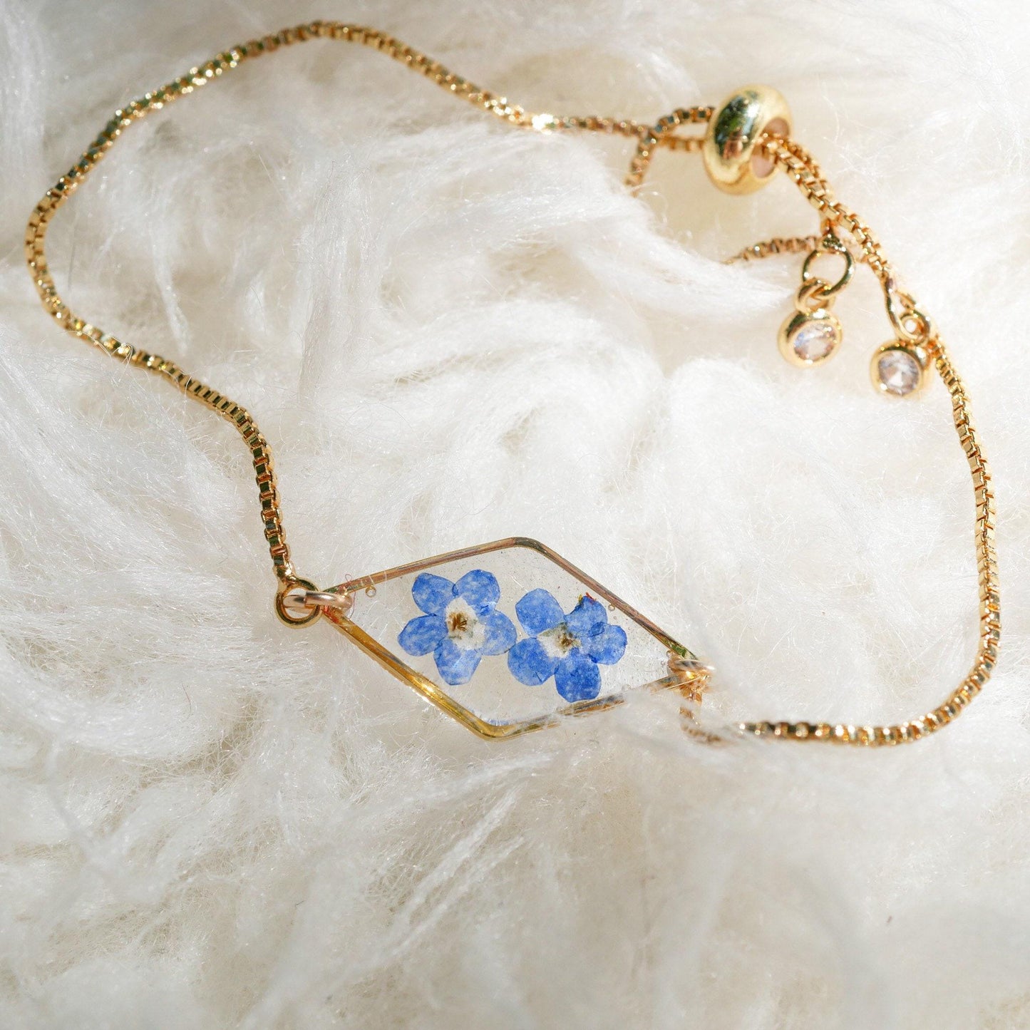 Forget Me Not Bracelet, Real Pressed Flower, Dainty Adjustable (Gold or Silver)