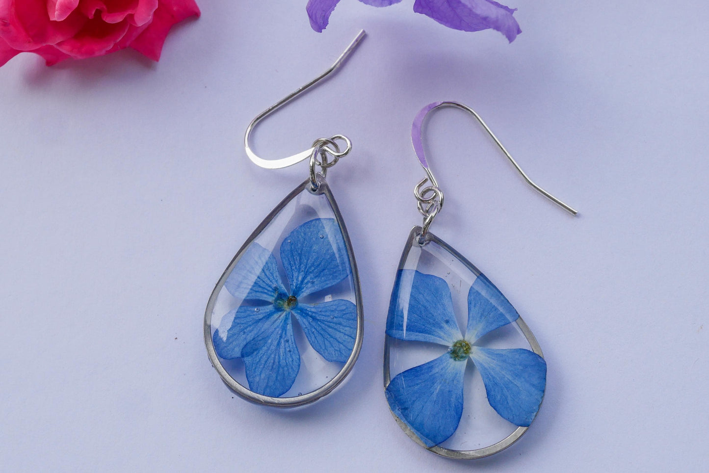 Bright Blue Hydrangea Earrings | Pressed Flower Teardrop Earrings | Gold or Silver | Lightweight Summer Jewelry