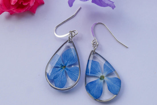 Bright Blue Hydrangea Earrings | Pressed Flower Teardrop Earrings | Gold or Silver | Lightweight Summer Jewelry