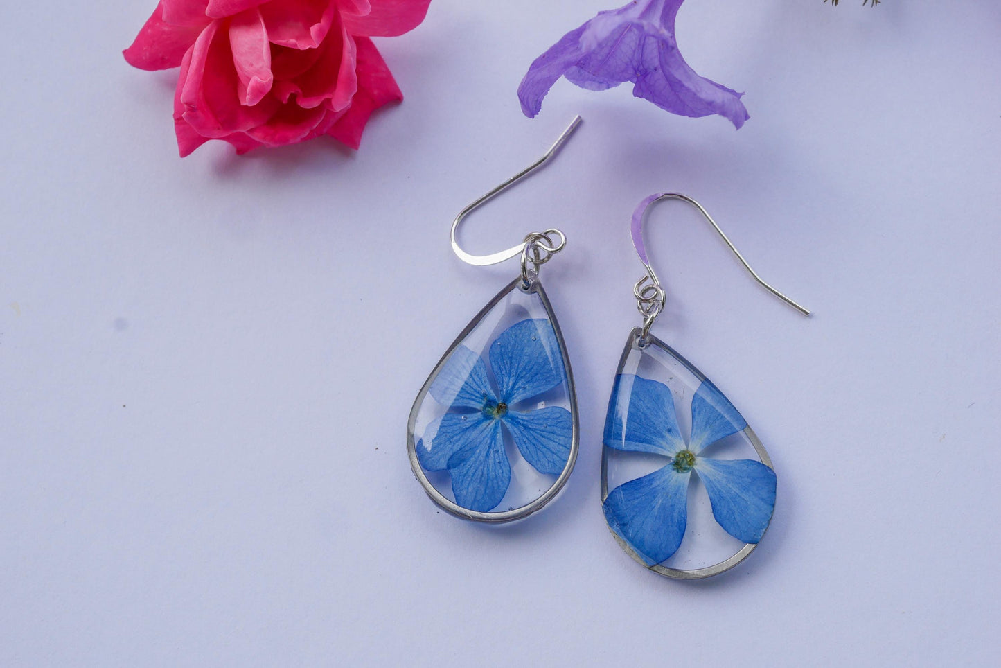Bright Blue Hydrangea Earrings | Pressed Flower Teardrop Earrings | Gold or Silver | Lightweight Summer Jewelry