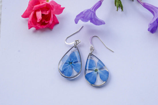 Bright Blue Hydrangea Earrings | Pressed Flower Teardrop Earrings | Gold or Silver | Lightweight Summer Jewelry