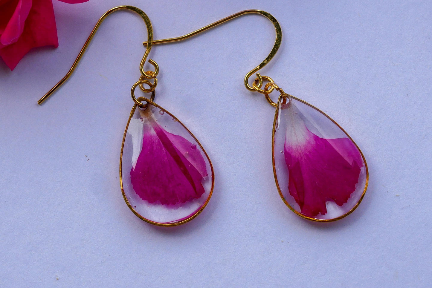 Bright Pink Carnation Petal Earrings | Dainty Gold or Silver Teardrop Earrings | Nickel Free Hooks | Real Pressed Flower Jewelry